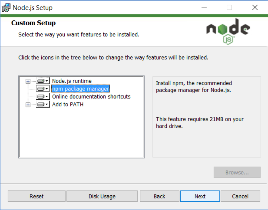Select Node js Features to install 0847ad9e3a
